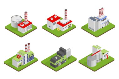 Simgeler ve besteleri Endüstriyel Bina, izole yapılar, konular izometrik görünümü, 3d.