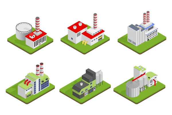 Icone e composizioni di edifici industriali, costruzioni isolate, soggetti vista isometrica, 3D . — Vettoriale Stock