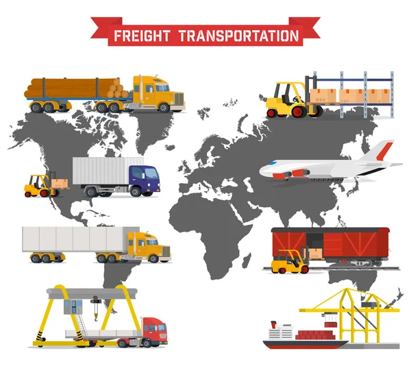 Conjunto de vectores en el envío mundial, transporte pesado — Vector de stock