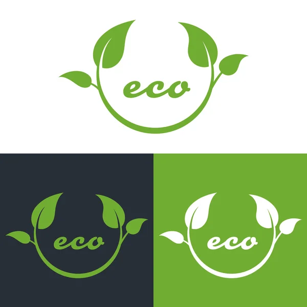 Logotipo da empresa eco ou bio friendly, folhas verdes no fundo branco, preto e verde — Vetor de Stock