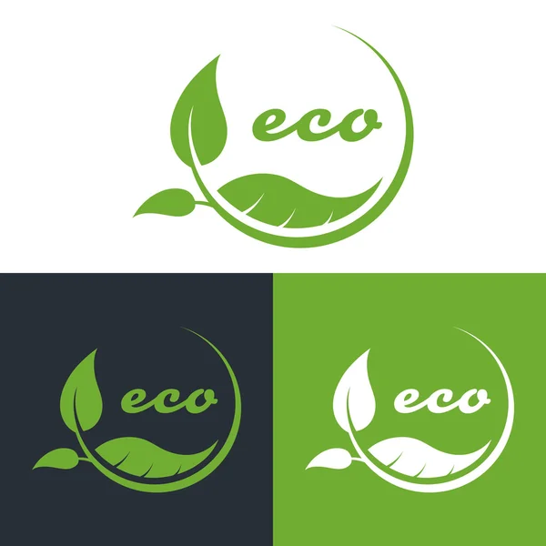 Экологически чистые логотип компании, зеленые листья на белом, черном и зеленом фоне — стоковый вектор