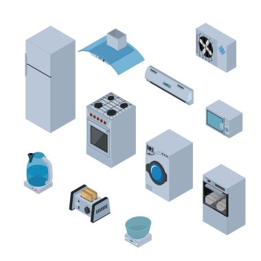 Ev aletleri izometrik Icons set ile soba, buzdolabı, çamaşır makinesi, bulaşık makinesi vektör illüstrasyon izole.