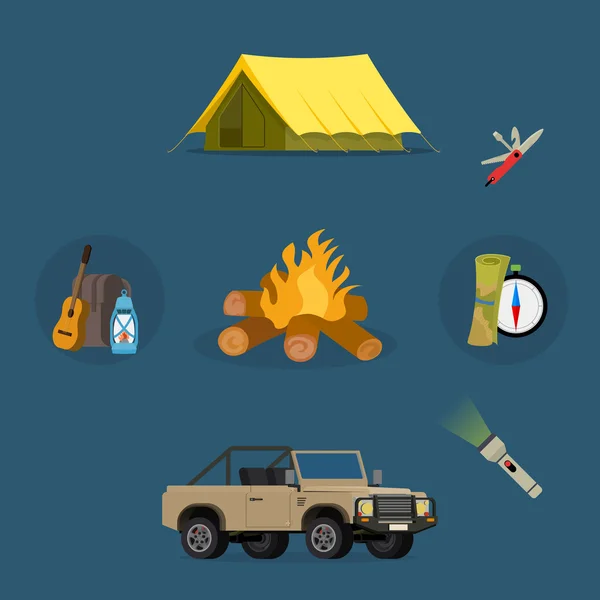 Conjunto de equipos de camping símbolos vectoriales iconos — Archivo Imágenes Vectoriales