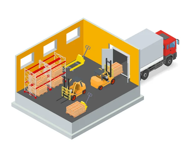 Unloading of goods in a warehouse using forklift. — Stock Vector