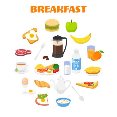 Taze yiyecek ve içecek simgeler kümesi ile Kahvaltı