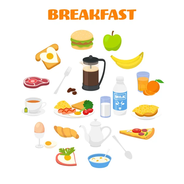 Desayuno con comida fresca y bebidas iconos establecidos — Vector de stock