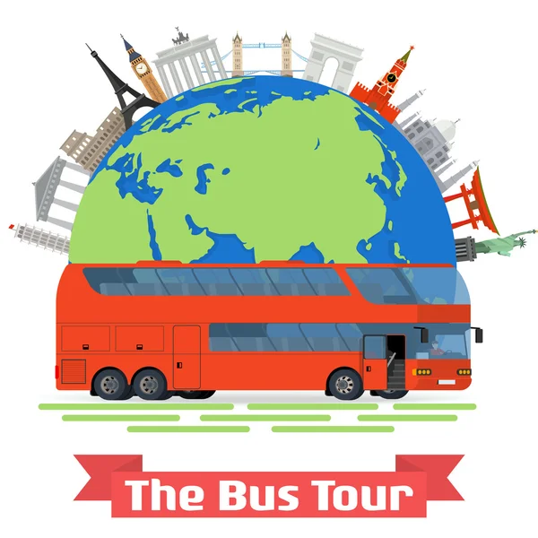 Die Bustour durch Europa und beliebte bekannte Sehenswürdigkeiten — Stockvektor