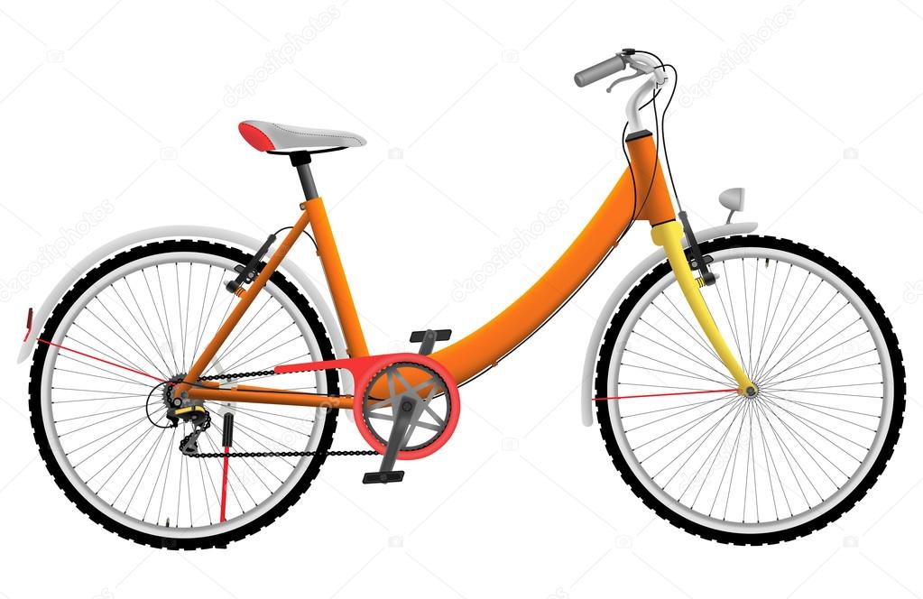 Ladies orange sports bike isolated on white background
