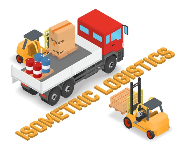 Proceso de carga de los camiones con una carretilla elevadora — Vector de stock