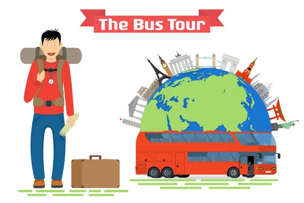 Turista va a La Gira del Autobús de monumentos conocidos populares . — Vector de stock