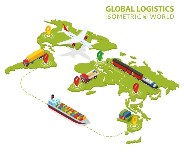 Global Logistic Isomtric Vehicle Infographic (en inglés). Servicio de logística de furgonetas de carga naval. Cadena de exportación de importación. Entregas aseguradas Dibujo. Distribuir objetos Vector de envío. Envío rápido de entrega — Vector de stock