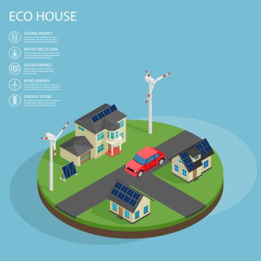 Çimenlik çimenliği olan modern yeşil eko evi çatıda elektrik üreten güneş panelleri ve iki rüzgar türbini izometrik resimleme
