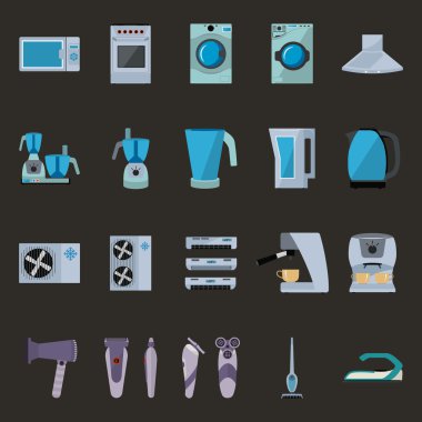 mikrodalga, Ocak, aspiratör hood, mutfak robotu, su filtresi, su ısıtıcısı, Klima, kahve makinesi, kurutucu, tıraş makinesi, elektrikli ve demir eşya düz simgeler kümesi