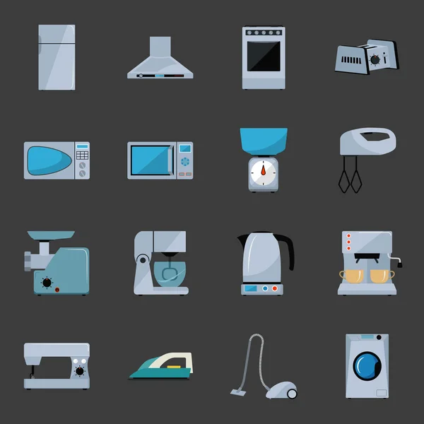 Σύνολο των οικιακών συσκευών επίπεδη εικόνες με ψυγείο, απορροφητήρα, φούρνο, τοστιέρα, φούρνο μικροκυμάτων, κλίμακες, μίξερ, Μύλος, επεξεργαστή τροφίμων, βραστήρας, ράβοντας μηχανή καφέ, σιδήρου, ηλεκτρική σκούπα, για πλύσιμο — Διανυσματικό Αρχείο