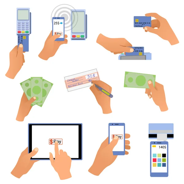 All for business payments human hands holding credit cards, POS terminal, redit cards and check, online payments, hand with money, wireless payment — Stock Vector