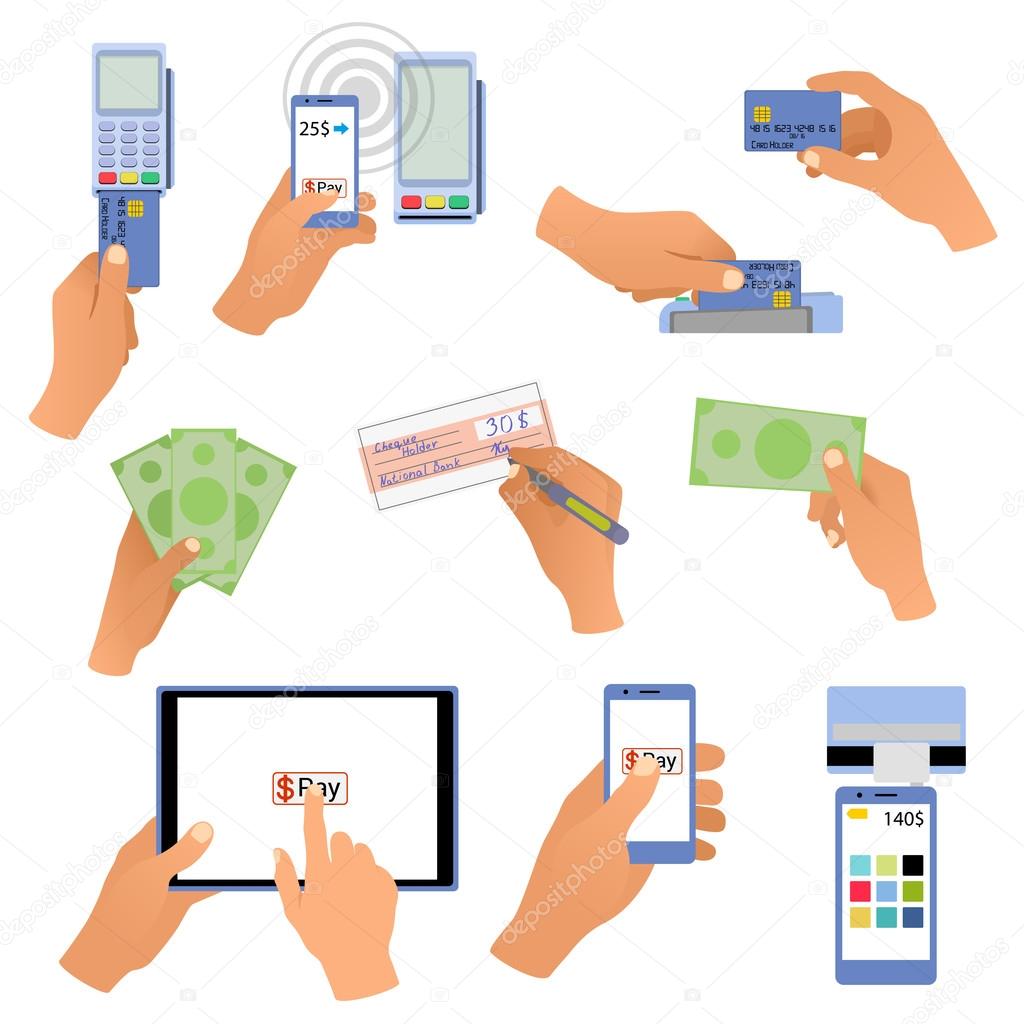 All for business payments human hands holding credit cards, POS terminal, redit cards and check, online payments, hand with money, wireless payment