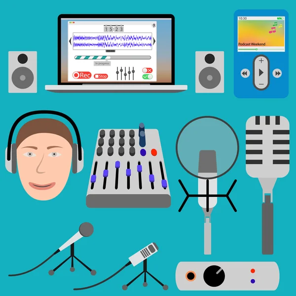 A podcasting és a laptop lejátszó, mikrofon, keverő berendezések — Stock Vector