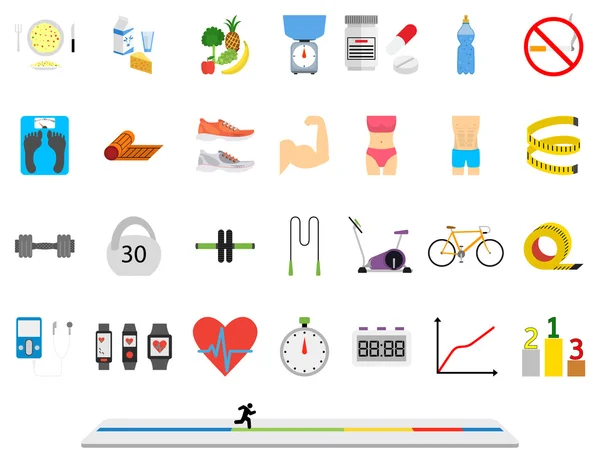 Deporte de fitness y salud colorido conjunto de iconos de diseño plano — Vector de stock