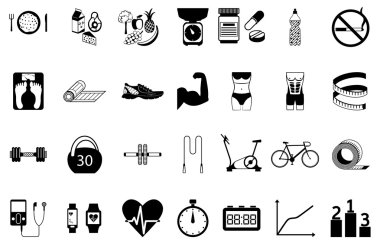 Fitness Spor ve sağlık siluet simgeler kümesi.