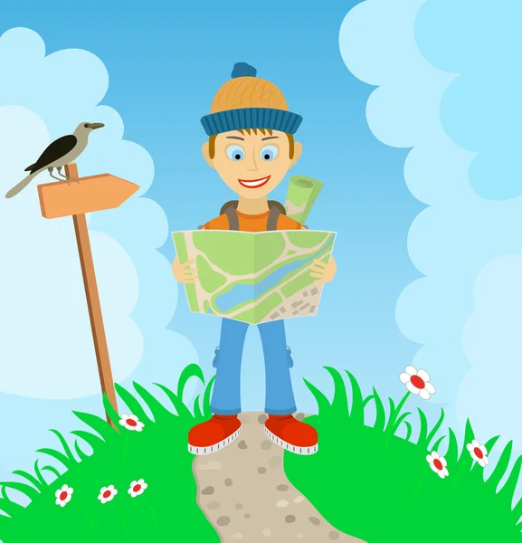 Νεαρό αγόρι τουρίστας με ένα σακίδιο, ελέγξτε τη διαδρομή στο χάρτη — Διανυσματικό Αρχείο