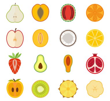 Vektör meyve Icon set - armut, şeftali, kayısı, karpuz, portakal, elma, kavun, Hindistan cevizi, limon, çilek, avokado, papaya, nar, Trabzon hurması, kivi,