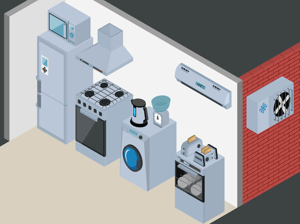 Household Icons appliances. Isometric Kitchen Appliances. Major household appliance Icon Set.