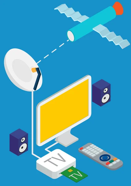 Concept isométrique de diffusion TV par satellite . — Image vectorielle