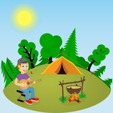 Bir orman glade yangın ve çadır yakınında bir gitar ile genç adam