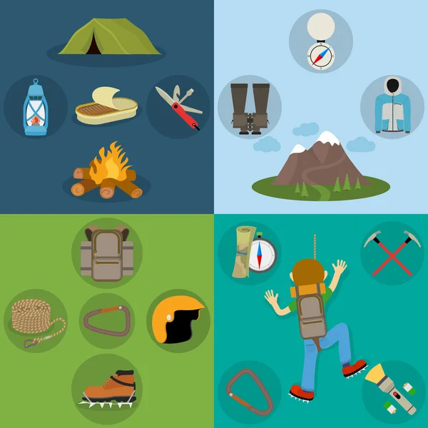 Klimmen ontwerpconcept instellen met berg camping en wandelen apparatuur plat pictogrammen geïsoleerd vectorillustratie — Stockvector