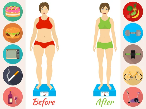 Infografía de fitness y deporte, estilo de vida saludable, las mujeres existe antes y después de la dieta — Archivo Imágenes Vectoriales