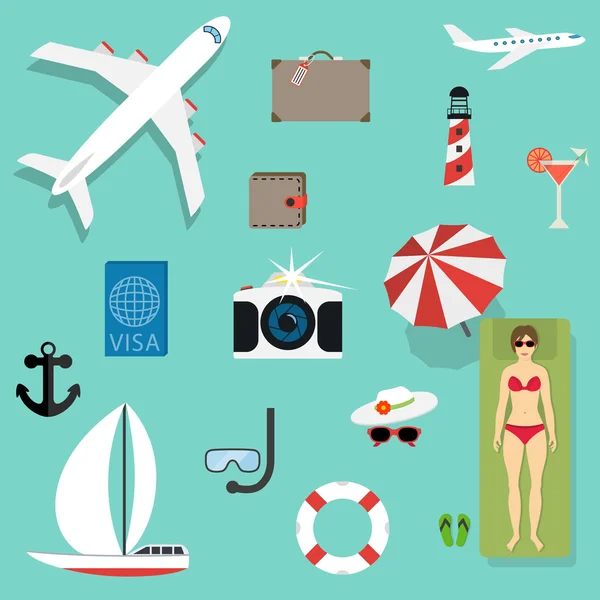Vektorové ikony a koncepty v plochý - cestování a dovolená. — Stockový vektor
