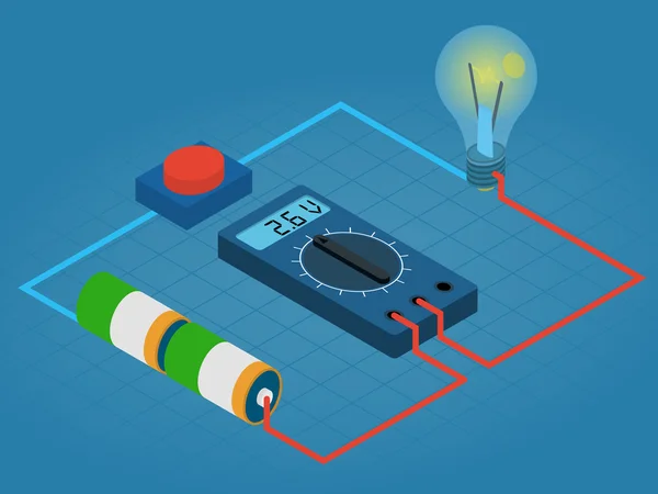 Infographic van meting mul­ spanning circuit van batterij, knoppen en lichten — Stockvector