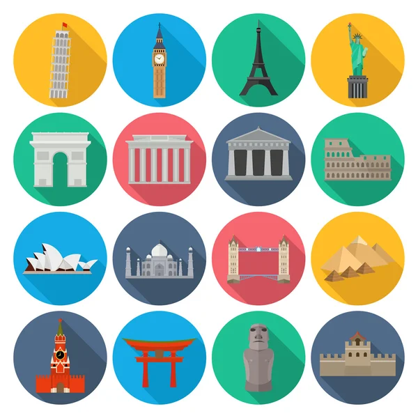 World Landmark Icon Set With Long Shadow — Stockový vektor