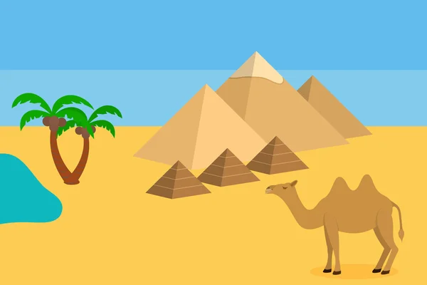 Camel in the Sahara desert with the pyramids and palm trees — Stock Vector