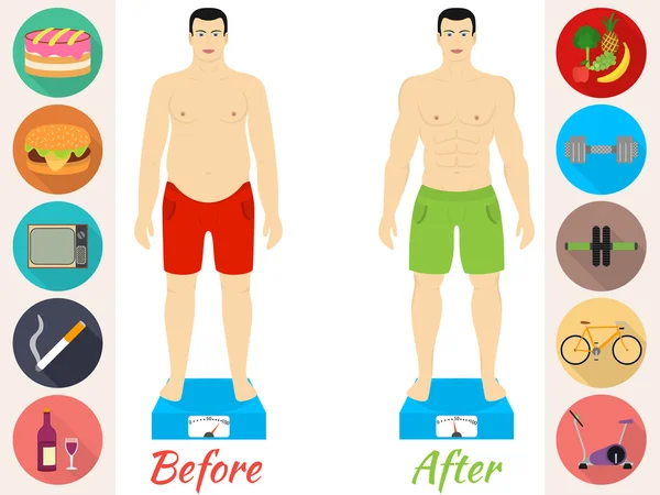 Fitness och sport, hälsosam livsstil, män före och efter den kost och fitness — Stock vektor