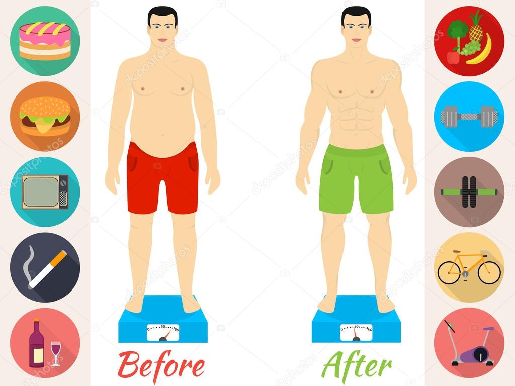 Fitness and sport, healthy lifestyle, men before and after the diet and fitness