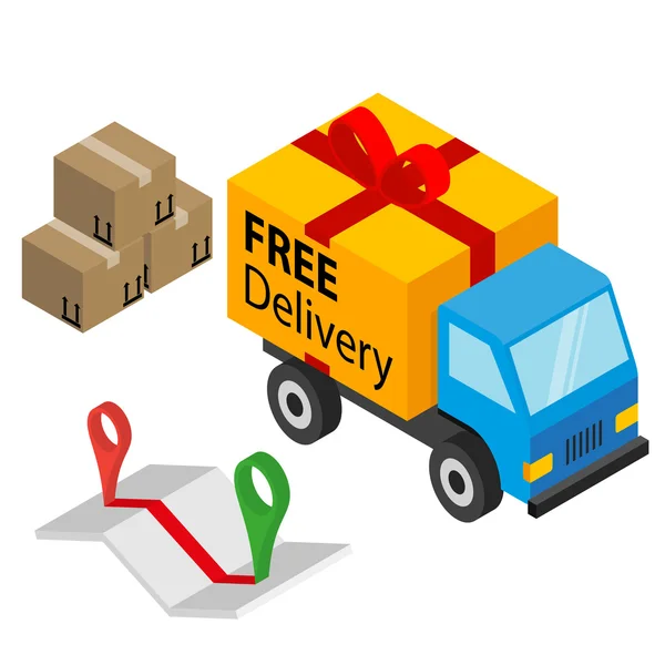 Carga de entrega com caixa, mapa e pinos — Vetor de Stock