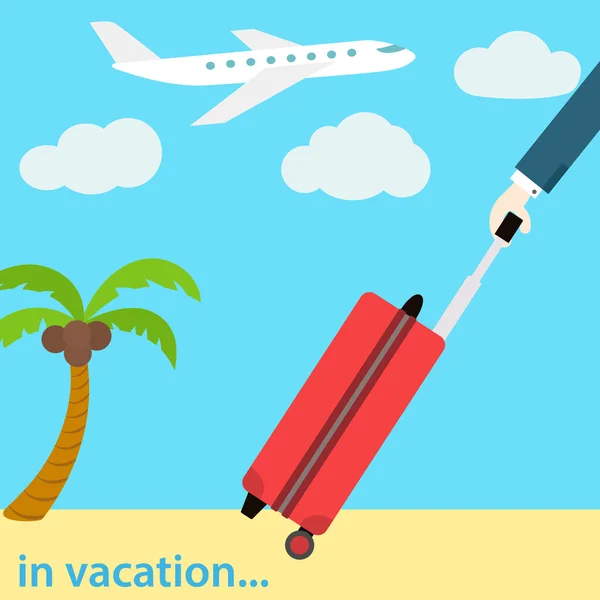 Banner de web plana vectorial. Vete de vacaciones. Un hombre con una maleta sobre ruedas. Plano y palmera en el fondo . — Vector de stock