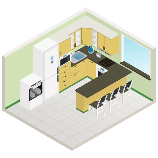 Interior de cocina isométrica vectorial - Ilustración 3D — Vector de stock