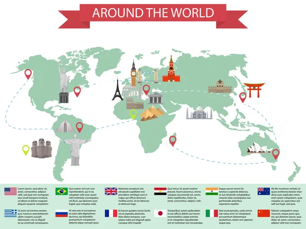 Графические достопримечательности мира на карте. Кремль, Эйфелева башня и наклонная башня, Китай, Япония и Индия. Векторная иллюстрация — стоковый вектор