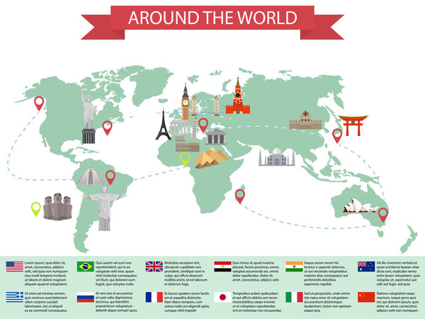 Infographic world landmarks on map. Kremlin and Eiffel and Leaning tower, China and Japan and India. Vector illustration