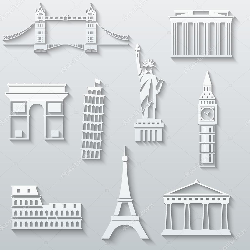 World landmarks, abstract flat paper icons set