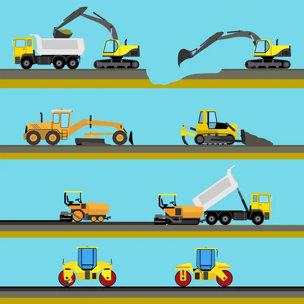 Kesintisiz yatay yol inşaat arka plan ile inşaat ekipmanları simgeler kümesi. Vektör çizim — Stok Vektör