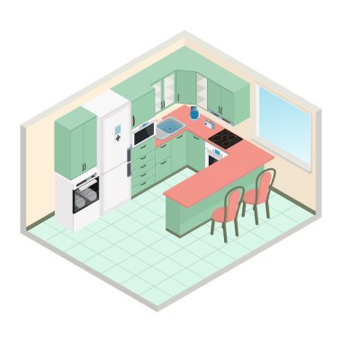 İzometrik mutfak iç - 3d illüstrasyon vektör