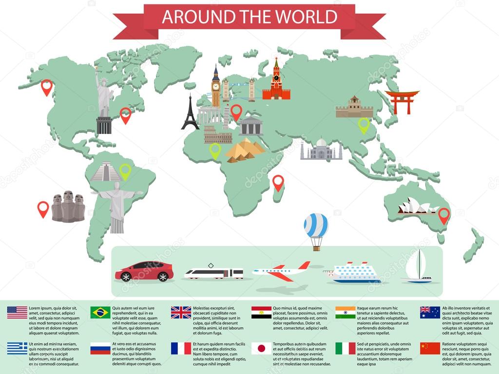Infographic world landmarks on map