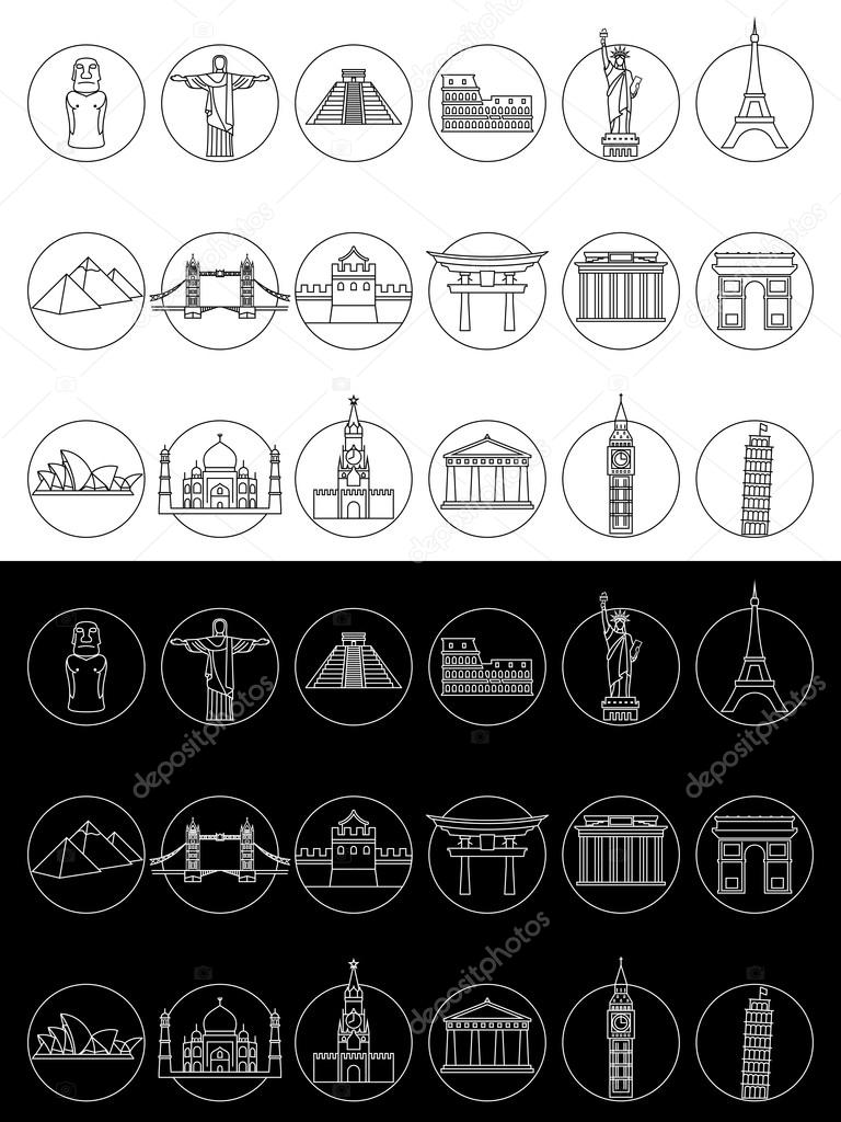 Popular travel landmarks icons - vector set of thin line monuments symbols or logo elements