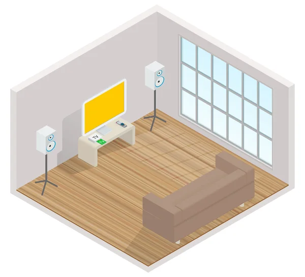 Interior isométrico de la habitación con TV — Vector de stock