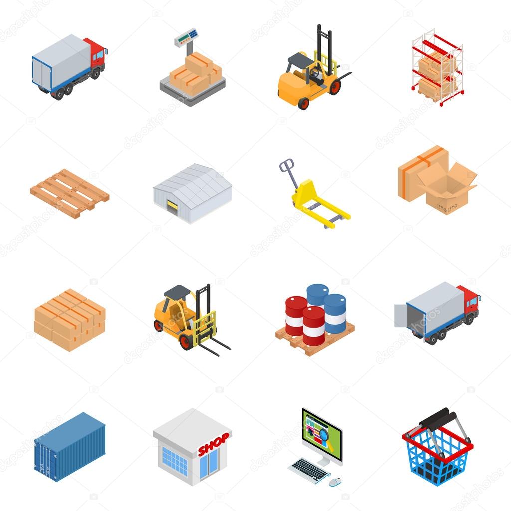 Vector isometric warehouse equipment icon set
