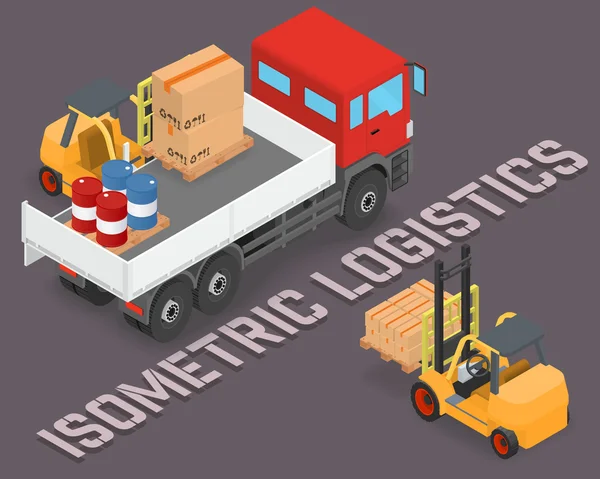 Isometrisk processen för lastning av lastbilar med en gaffeltruck — Stock vektor
