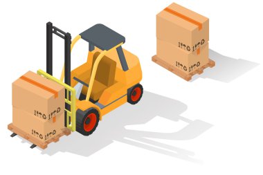 Isometric forklift truck with barrel on wooden pallet.